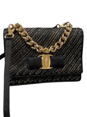 Salvatore Ferragamo Black & Gold Glitter 2way Vara Bow Ginny Crossbody Bag Auth